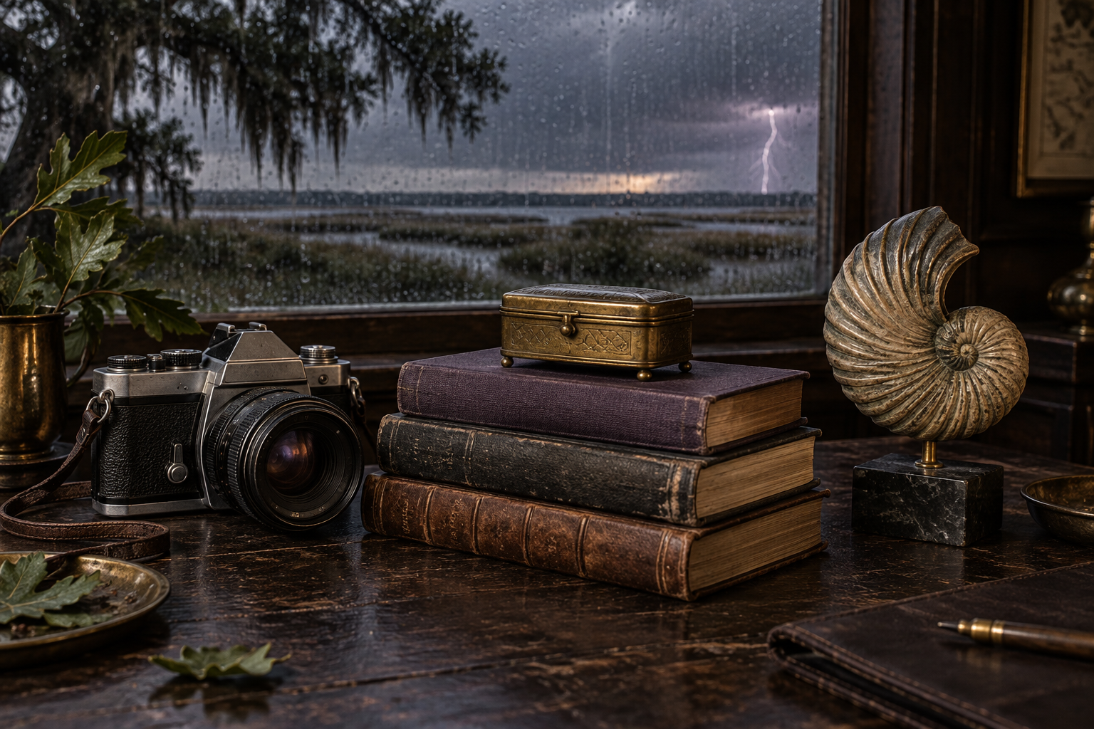 Vintage camera, old books and collected curiosities beside a stormy Gulf Coast window